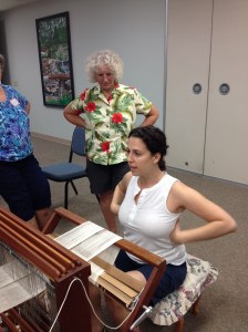 Heather showing ideal posture at the loom