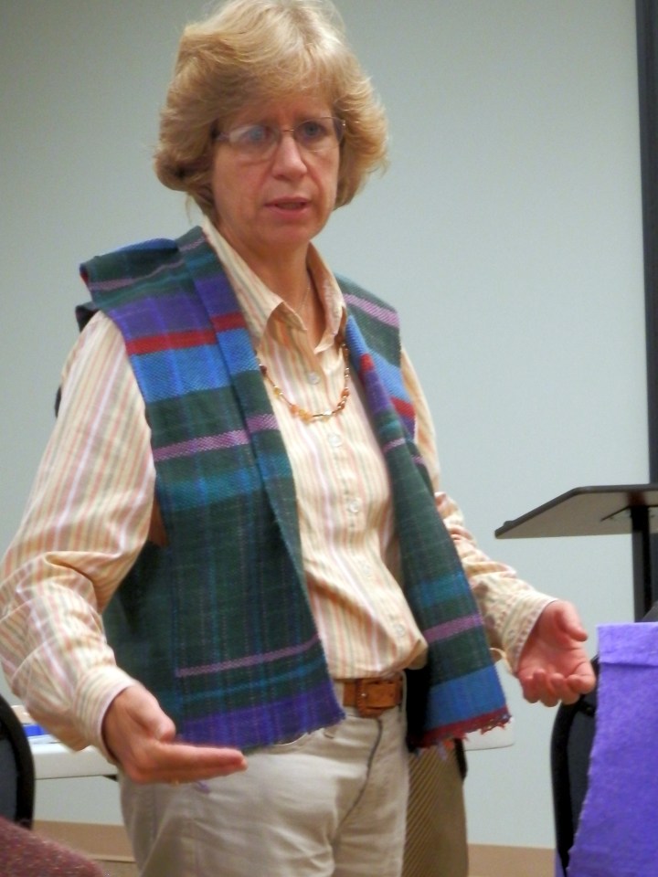 Linda models her handwoven vest