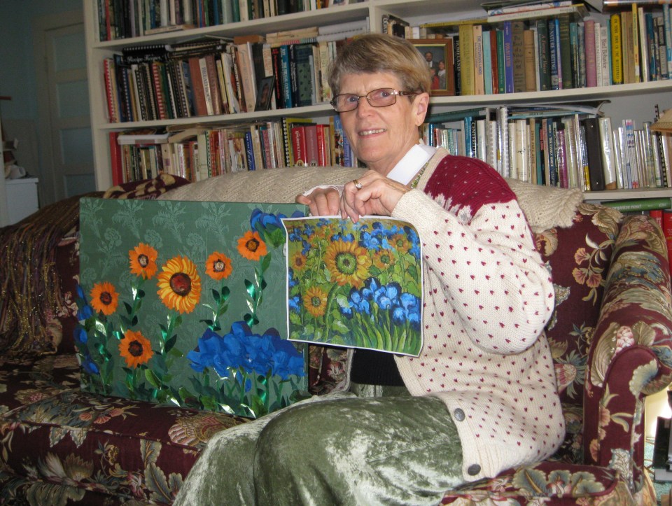 Anne, inspired by Van Gogh's "Sunflowers and Irises," created this beautiful picture from all sorts of paper, including paper napkins for the irises.