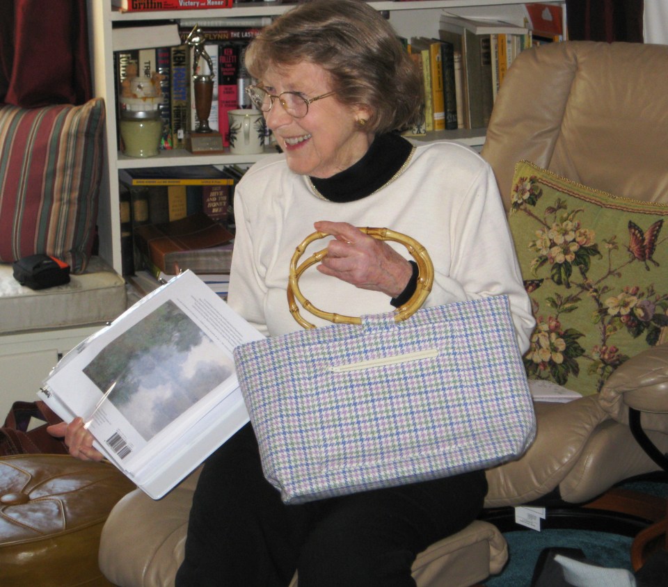Jacque drew her inspiration from Monet's "Morning Mist" on the Seine and wove the fabric for a knitting bag.