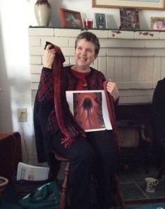 Kathy, using Georgia O'Keefe's "Inside a Red Canna," created two scarves with different weft densities in chenille.