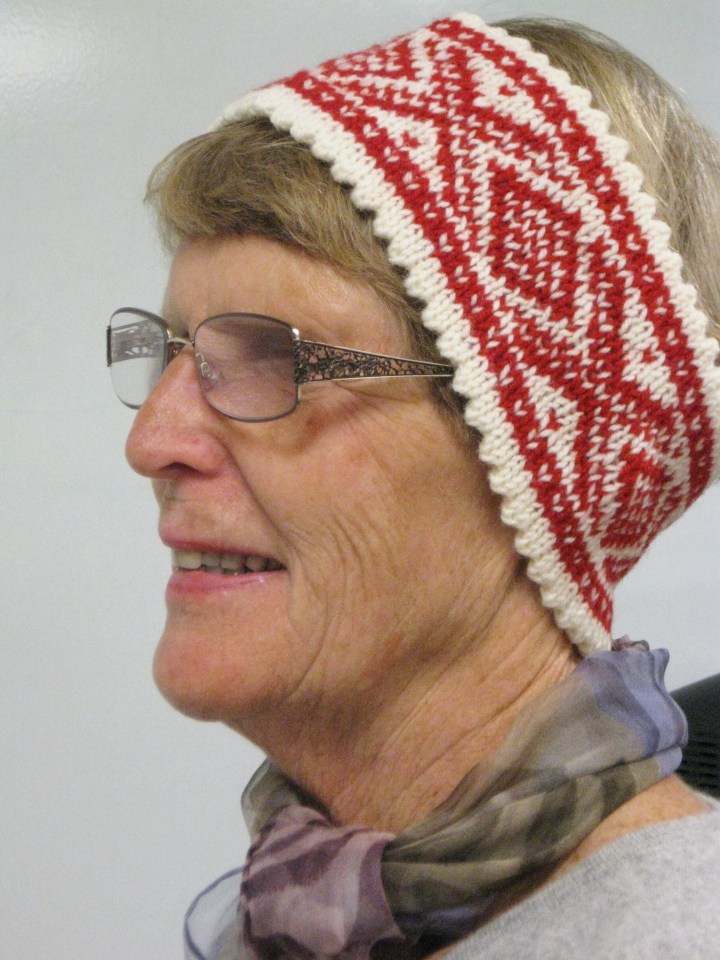 Anne models a Norwegian knitted headband