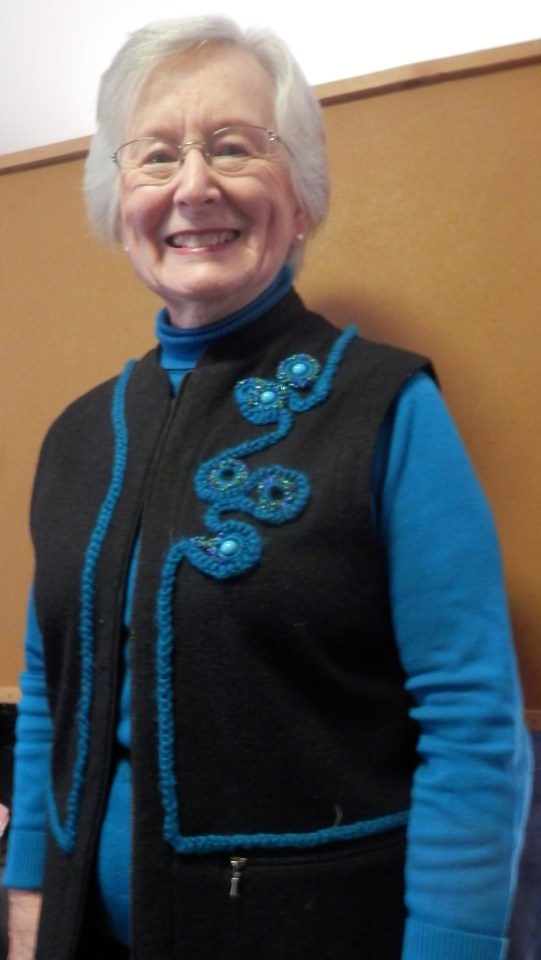 Betty used Anita Luvera Mayer's techniques for cords and beaded circles to change a solid color vest into a stunning accessory.