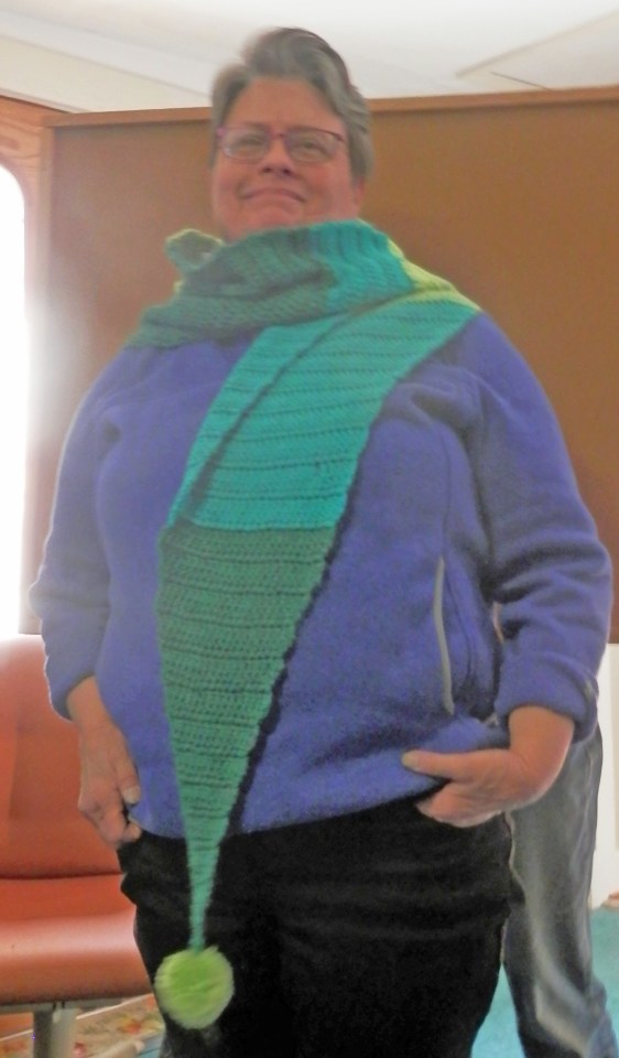 Diane shared her brightly colored crocheted scarf with large pom-pom ends.